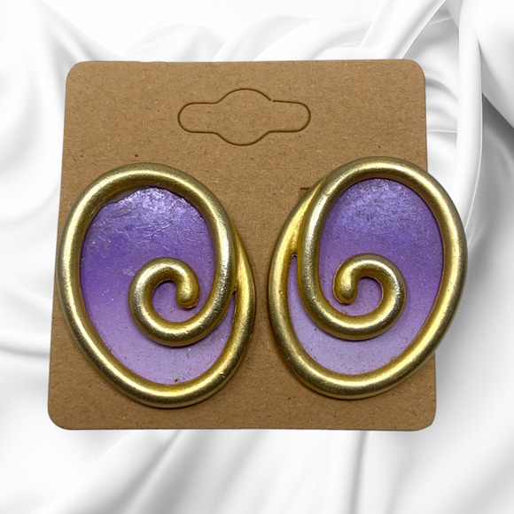 Vintage 1980's Purple Enamel Clip On Swirl Earrings Avant Garde New Wave Punk - Picture 5 of 5
